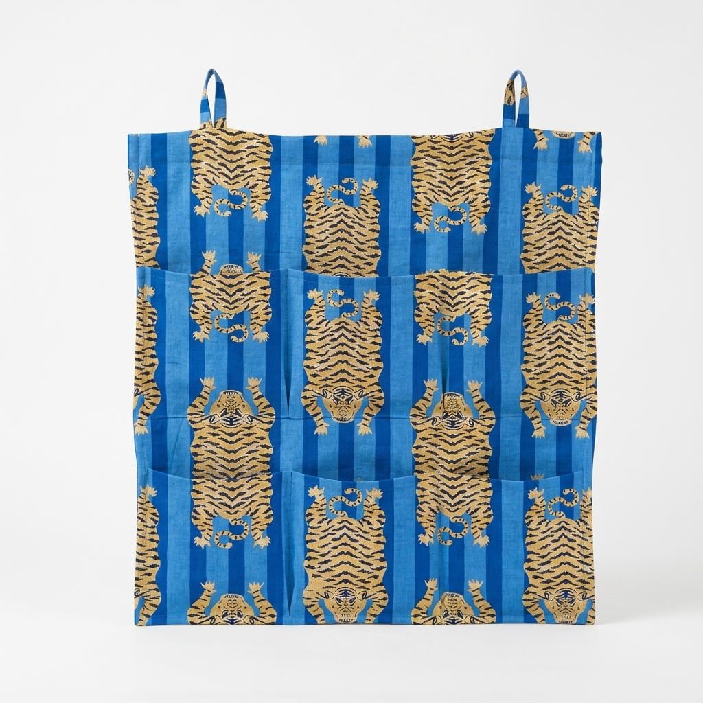 Blue Tiger Quilted Wall Hanging Organizer, Handcrafted Cotton Pocket Storage, Patterned Office Home Utility