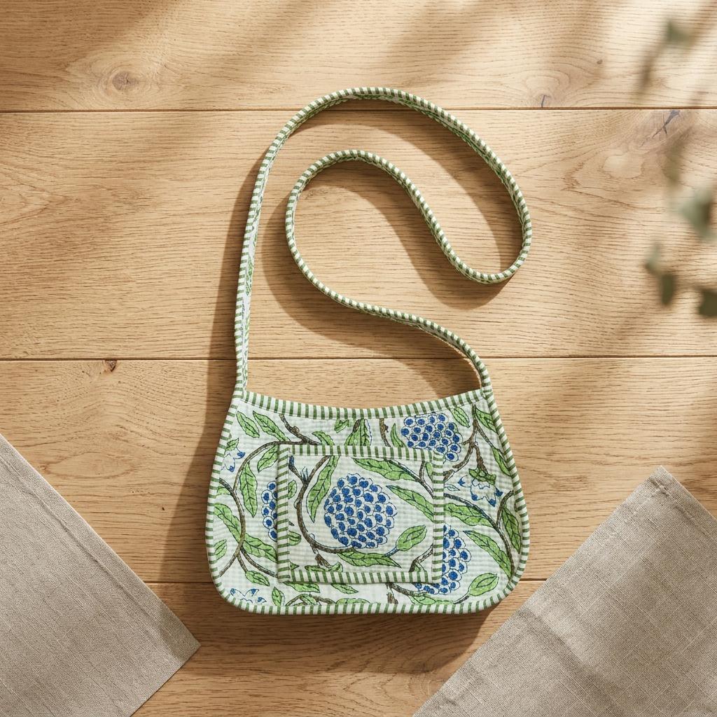 Blue Fruit Flower Quilted Cotton Sling Bag, Handcrafted Crossbody Purse, Green Striped Travel