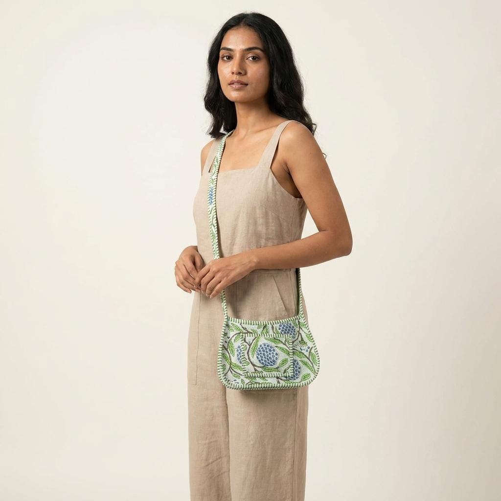 Blue Fruit Flower Quilted Cotton Sling Bag, Handcrafted Crossbody Purse, Green Striped Travel