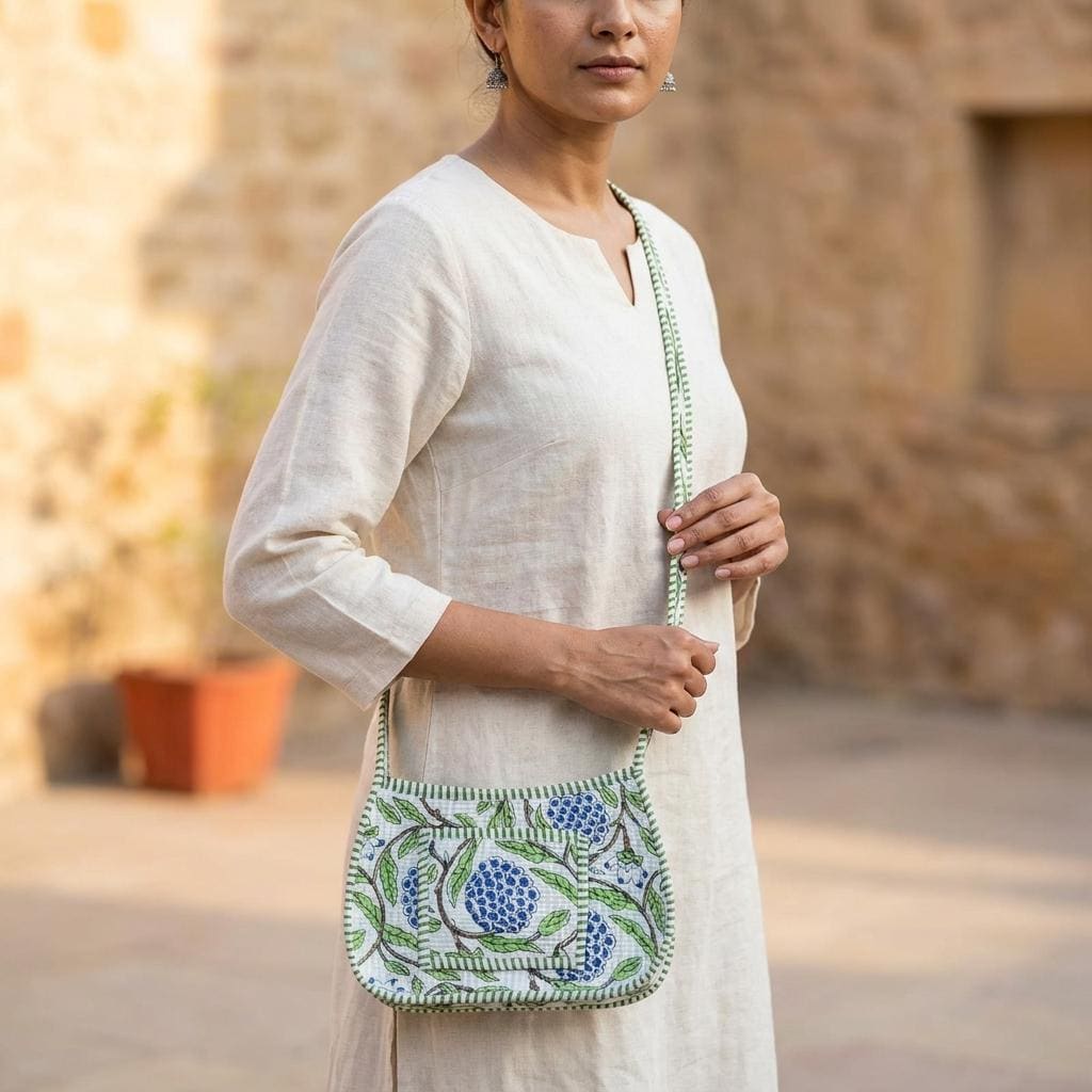 Blue Fruit Flower Quilted Cotton Sling Bag, Handcrafted Crossbody Purse, Green Striped Travel