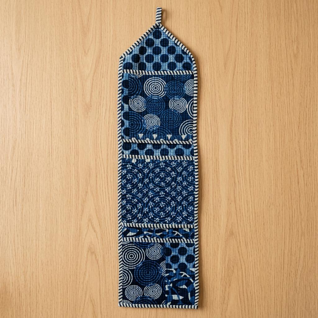 Indigo Blue Fabric Wall Hanging Organizer, Handcrafted Cotton Pocket Storage, Geometric Mail Holder