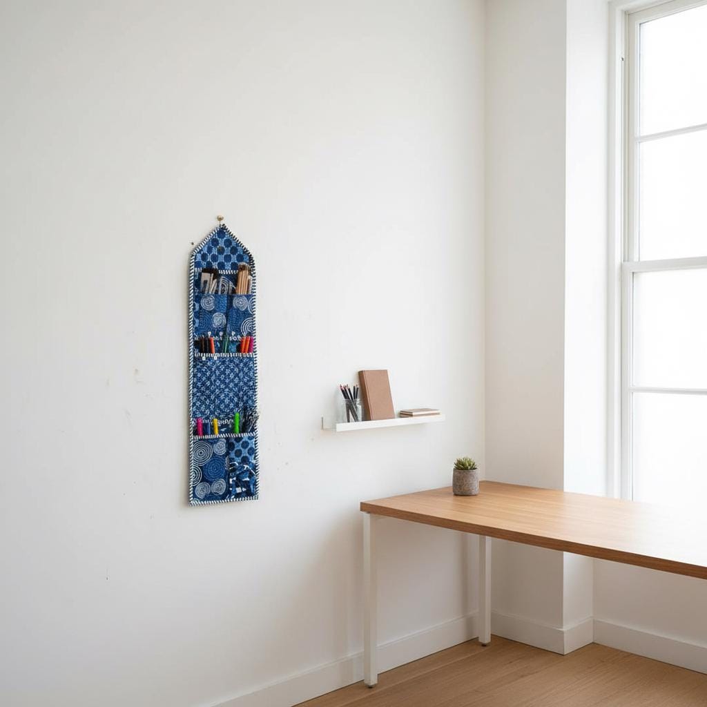 Indigo Blue Fabric Wall Hanging Organizer, Handcrafted Cotton Pocket Storage, Geometric Mail Holder