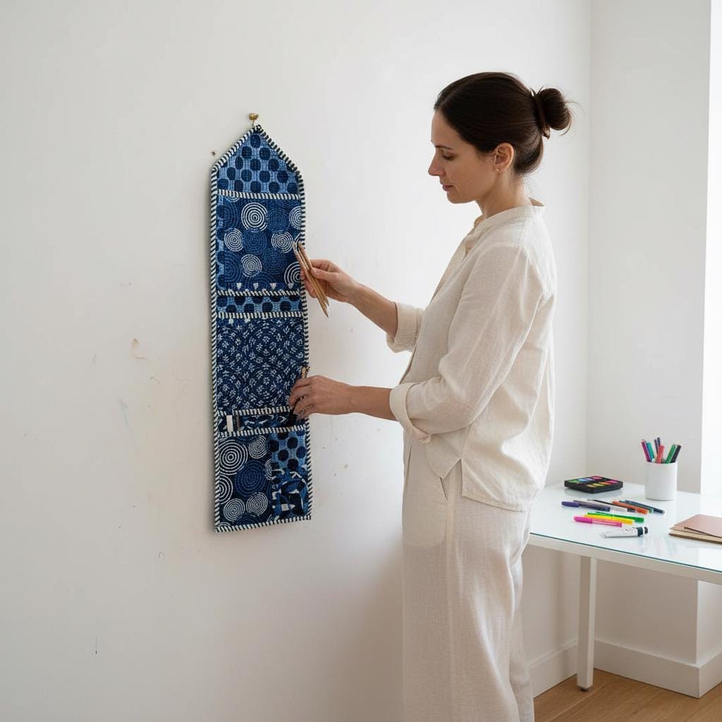 Indigo Blue Fabric Wall Hanging Organizer, Handcrafted Cotton Pocket Storage, Geometric Mail Holder