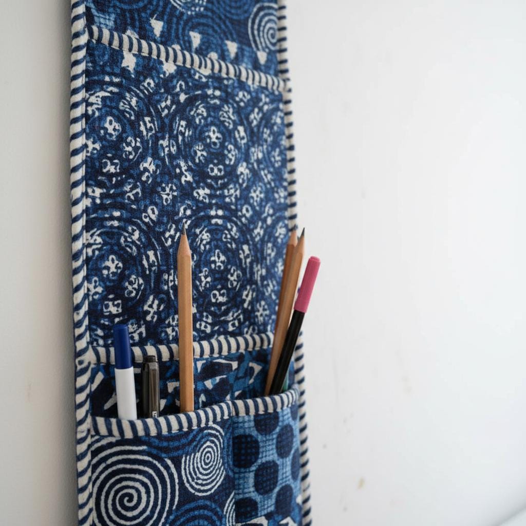 Indigo Blue Fabric Wall Hanging Organizer, Handcrafted Cotton Pocket Storage, Geometric Mail Holder