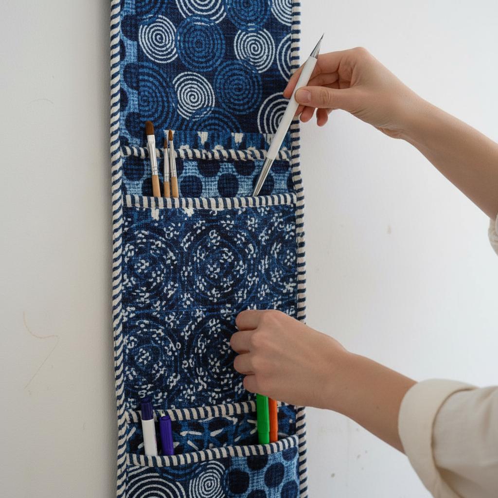 Indigo Blue Fabric Wall Hanging Organizer, Handcrafted Cotton Pocket Storage, Geometric Mail Holder