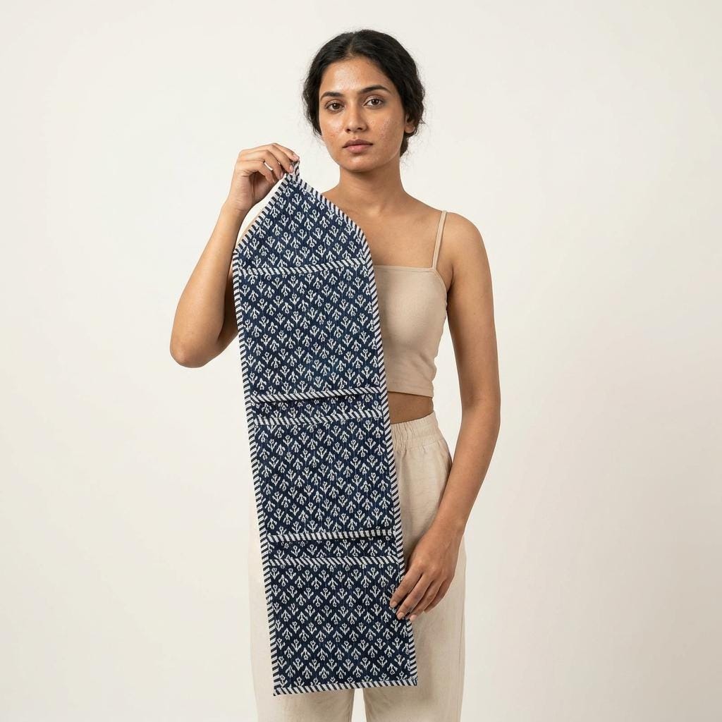 Indigo Blue Fabric Wall Hanging Organizer, Handcrafted Cotton Pocket Storage, Geometric Entryway Mail Holder