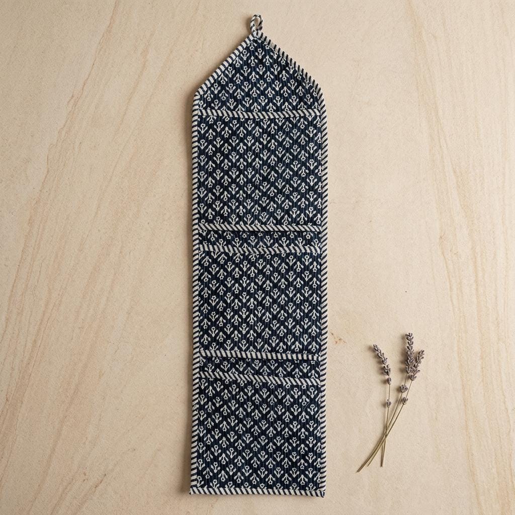 Indigo Blue Fabric Wall Hanging Organizer, Handcrafted Cotton Pocket Storage, Geometric Entryway Mail Holder