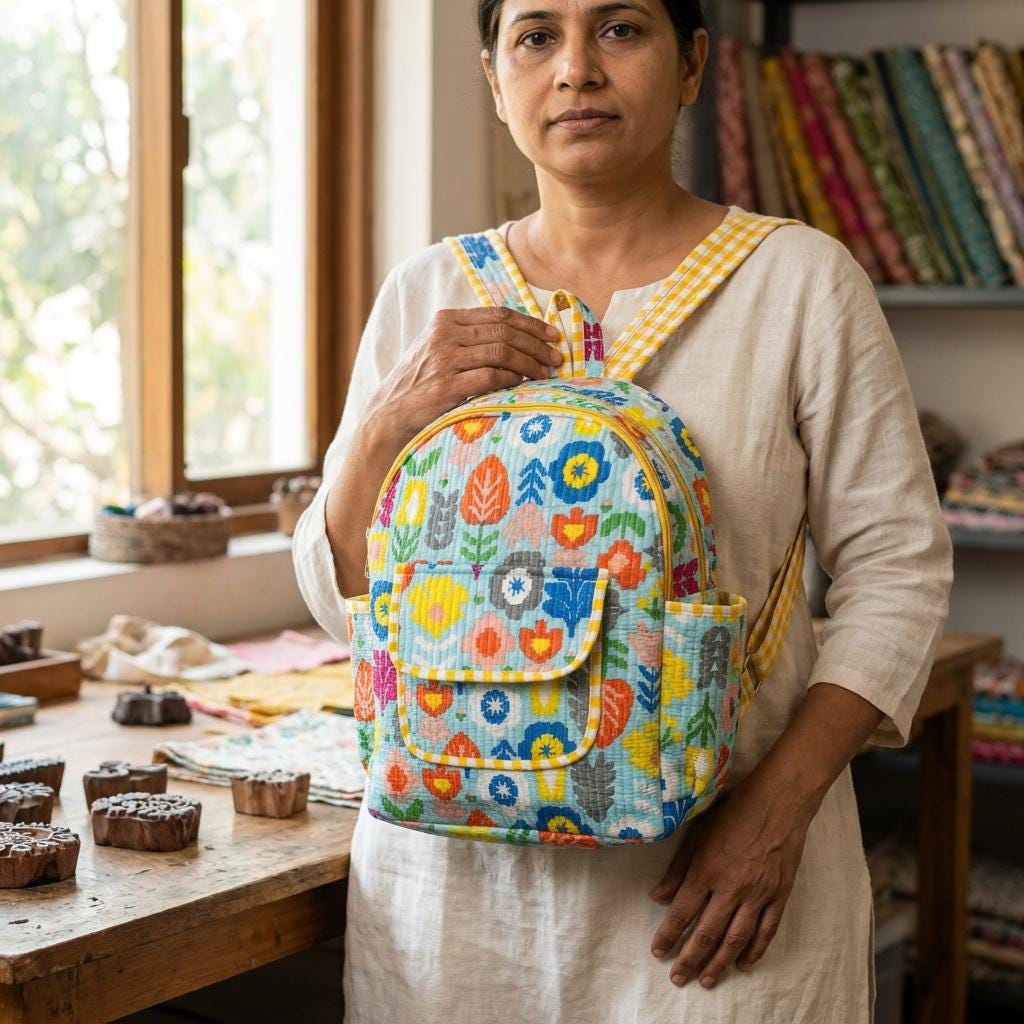 Floral Quilted Cotton Backpack, Handcrafted Mini Travel Rucksack, Colorful Block Print School Bag