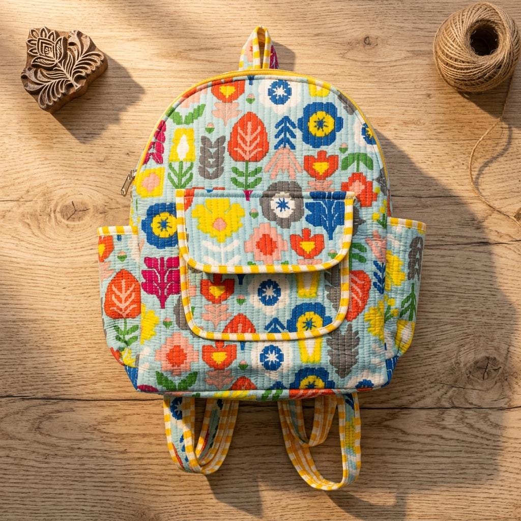 Floral Quilted Cotton Backpack, Handcrafted Mini Travel Rucksack, Colorful Block Print School Bag