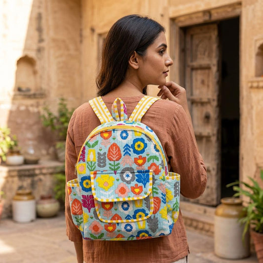 Floral Quilted Cotton Backpack, Handcrafted Mini Travel Rucksack, Colorful Block Print School Bag