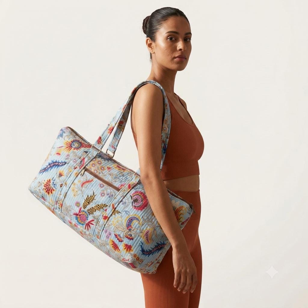 Blue Kalamkari Quilted Cotton Yoga Mat Bag, Handcrafted Shoulder Carrier, Multicolored Floral Fitness Tote