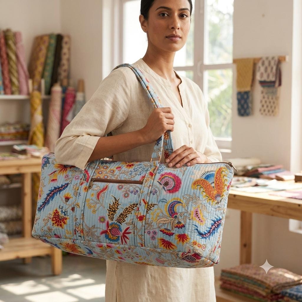 Blue Kalamkari Quilted Cotton Yoga Mat Bag, Handcrafted Shoulder Carrier, Multicolored Floral Fitness Tote