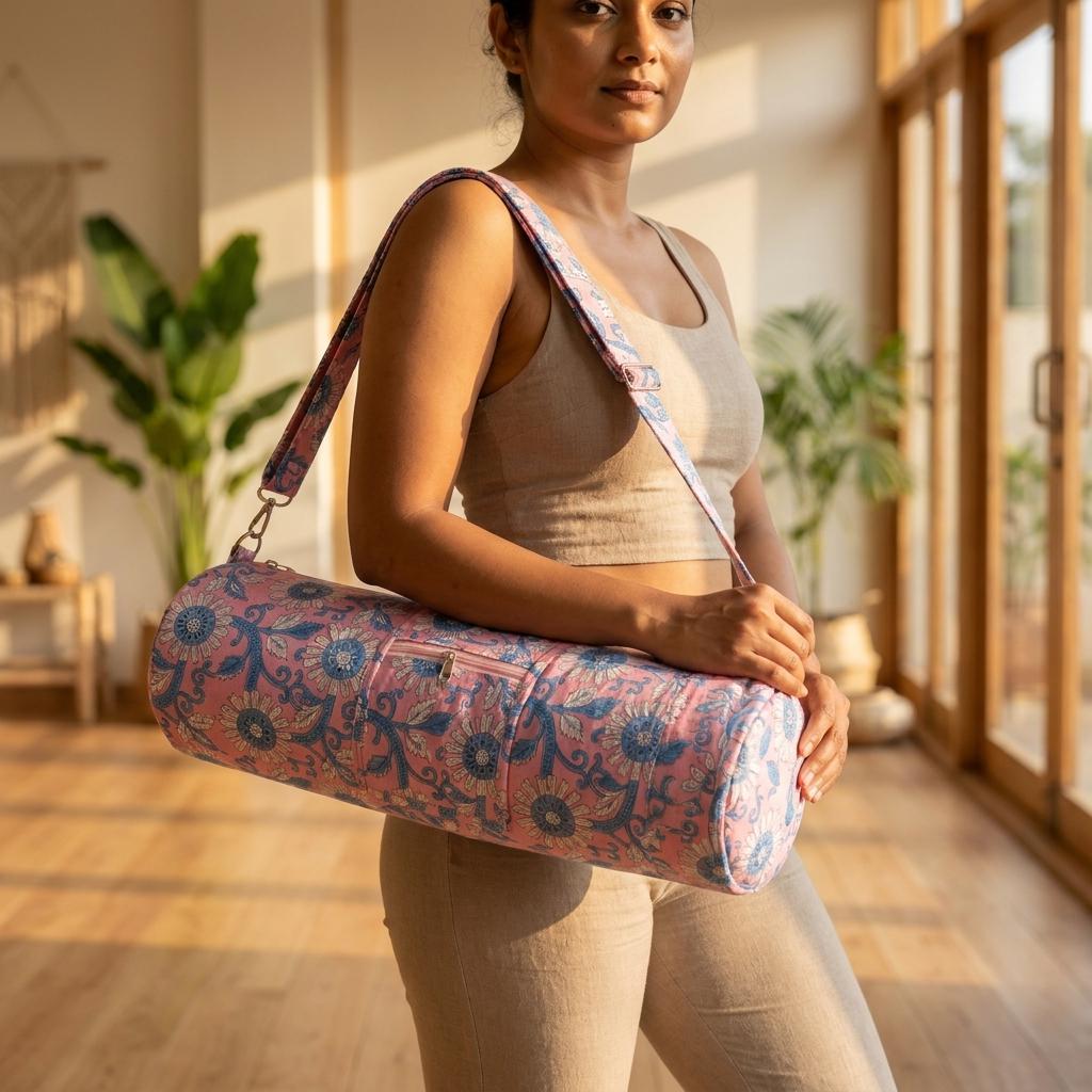 Pink Sunflower Quilted Cotton Yoga Mat Bag, Handcrafted Crossbody Carrier, Blue Patterned Fitness Tote