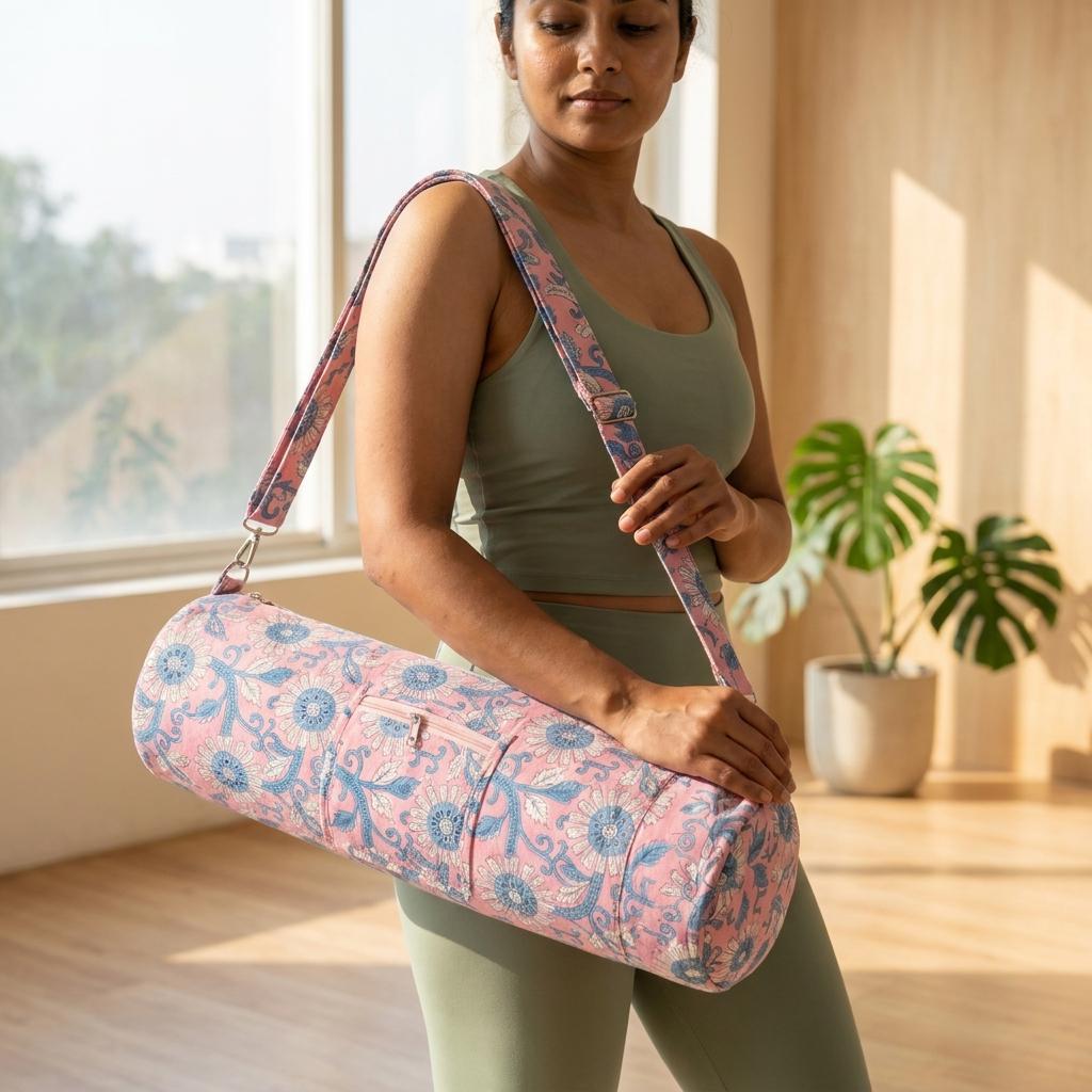 Pink Sunflower Quilted Cotton Yoga Mat Bag, Handcrafted Crossbody Carrier, Blue Patterned Fitness Tote