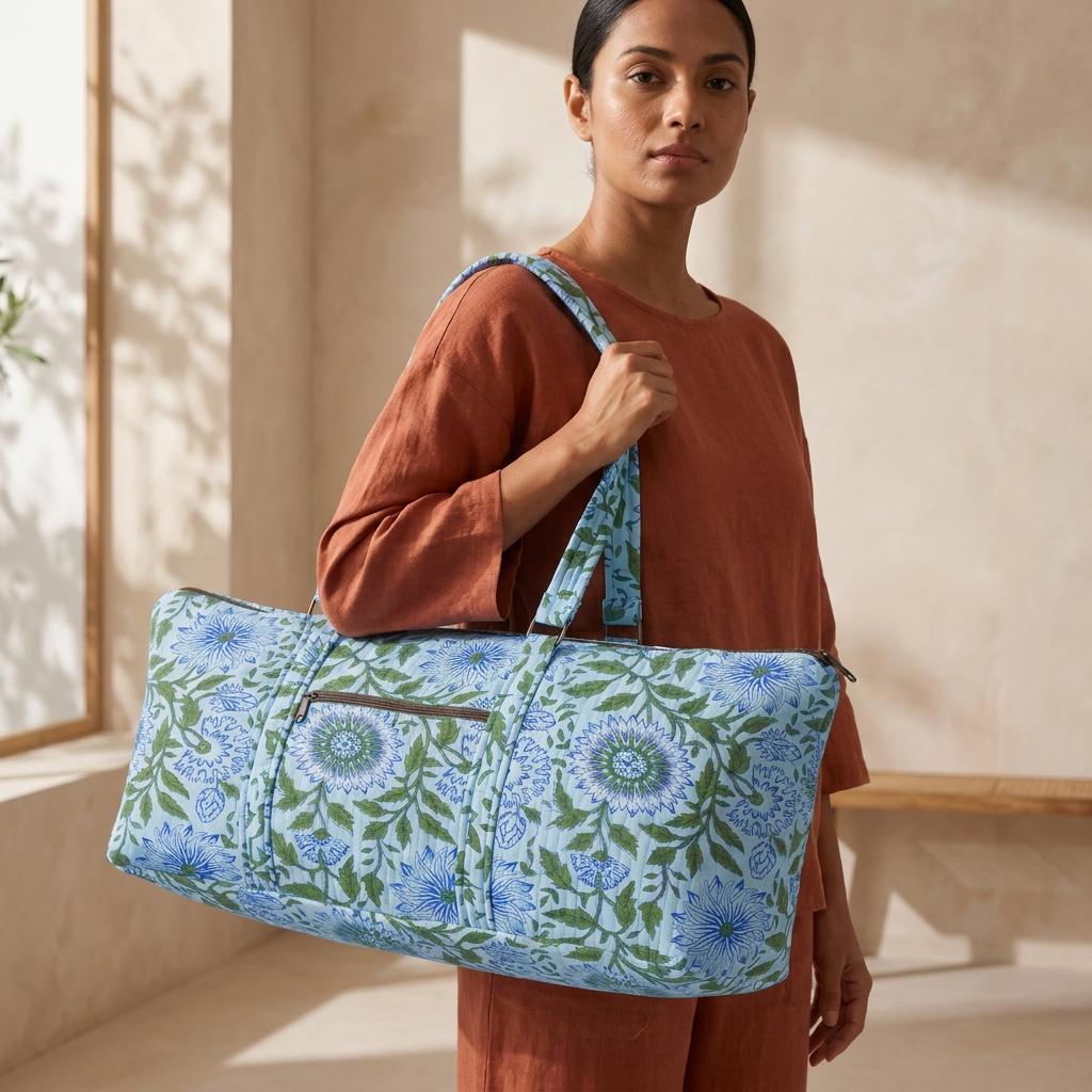 Quilted Cotton Blue Green Floral Duffle Bag Large Travel Gym Yoga Handmade Women