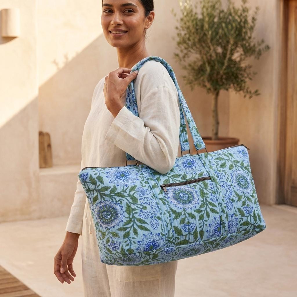 Quilted Cotton Blue Green Floral Duffle Bag Large Travel Gym Yoga Handmade Women