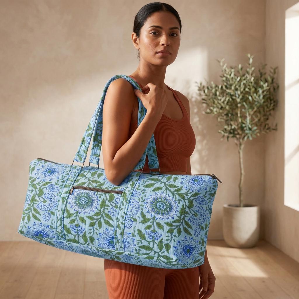 Quilted Cotton Blue Green Floral Duffle Bag Large Travel Gym Yoga Handmade Women