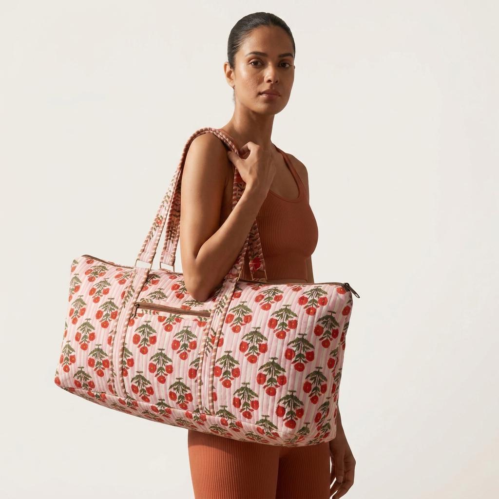 Quilted Cotton Pink Stripe Red Floral Duffle Bag Large Travel Gym Handmade Women
