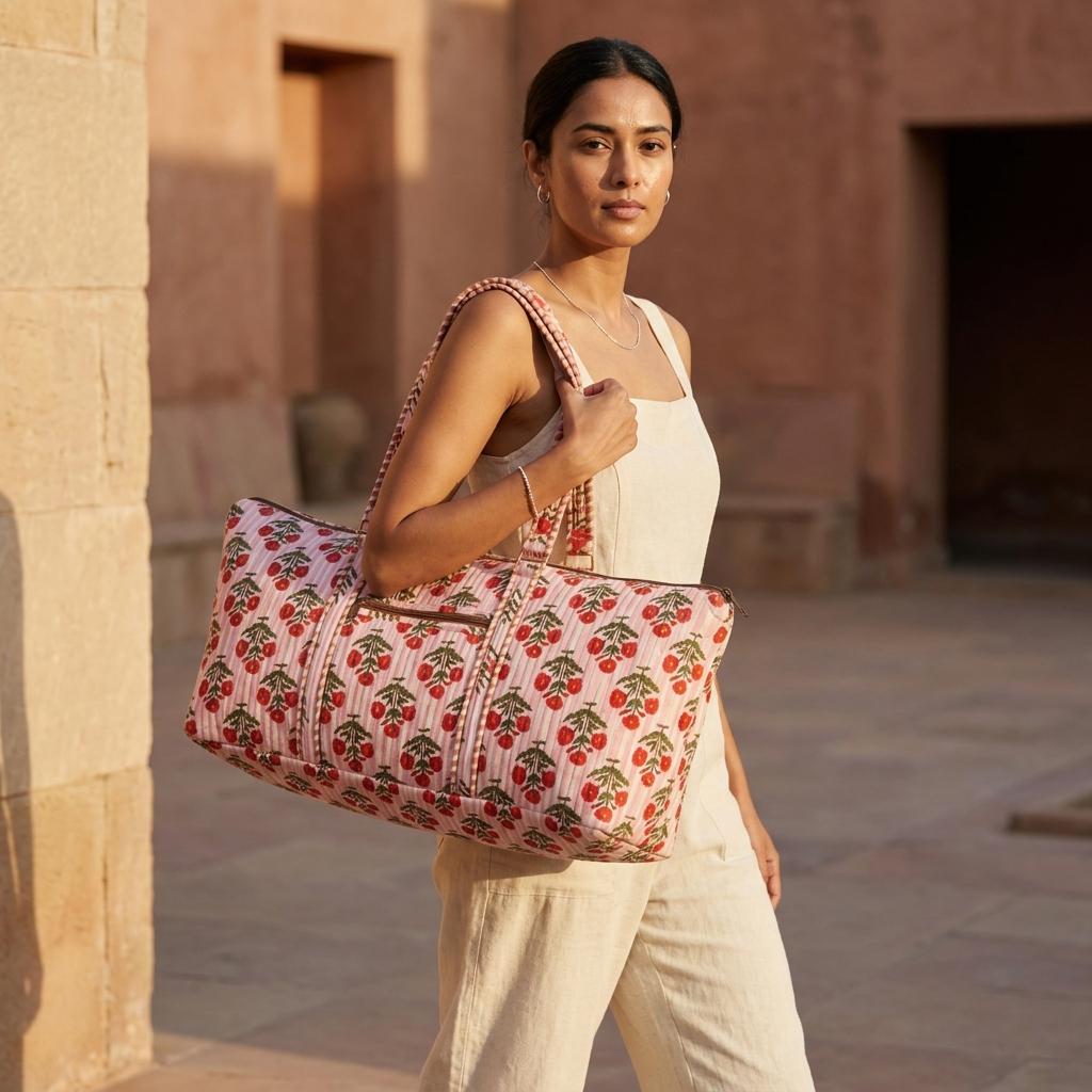 Quilted Cotton Pink Stripe Red Floral Duffle Bag Large Travel Gym Handmade Women