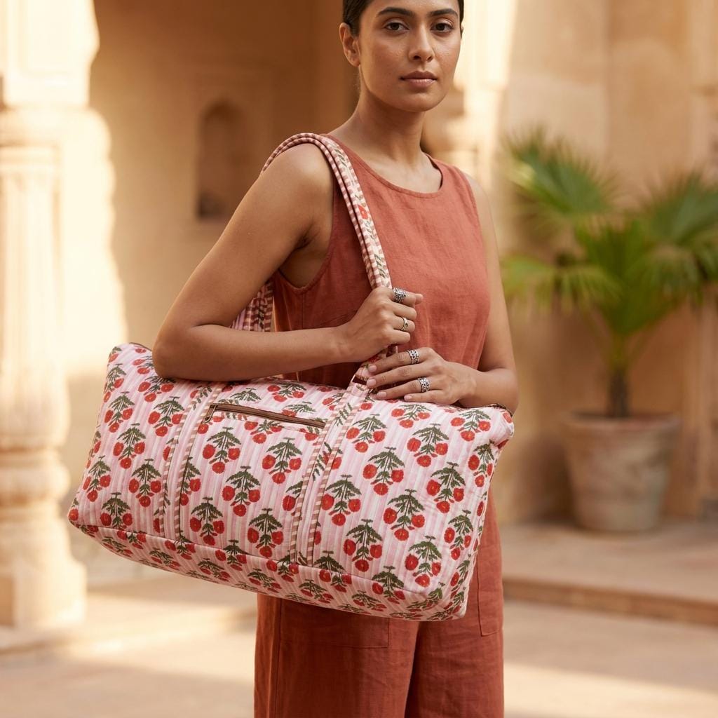 Quilted Cotton Pink Stripe Red Floral Duffle Bag Large Travel Gym Handmade Women