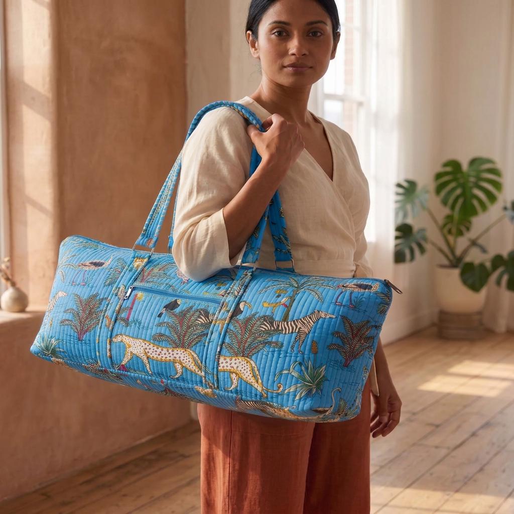 Blue Safari Quilted Cotton Yoga Mat Bag, Handcrafted Shoulder Carrier, Animal Patterned Fitness Tote