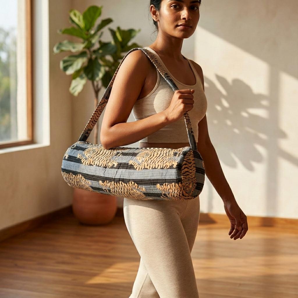 Grey Tiger Print Yoga Mat Bag, Quilted Cotton Gym Carrier, Handcrafted Pilates Tote