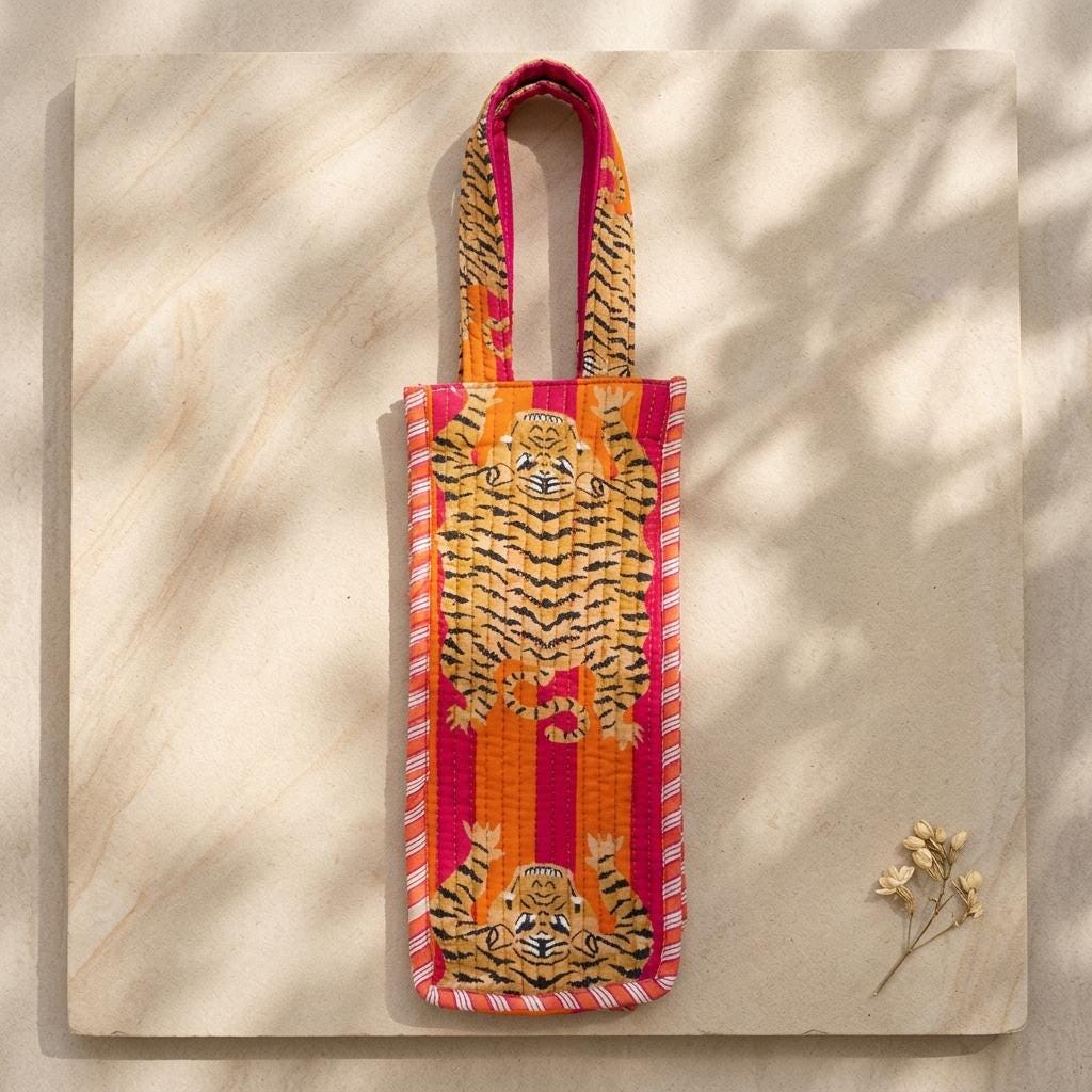 Tiger Print Quilted Water Bottle Bag, Handcrafted Cotton Wine Holder, Travel Drink Carrier