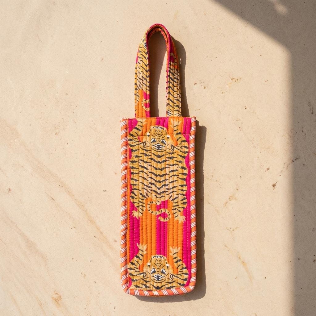 Tiger Print Quilted Water Bottle Bag, Handcrafted Cotton Wine Holder, Travel Drink Carrier