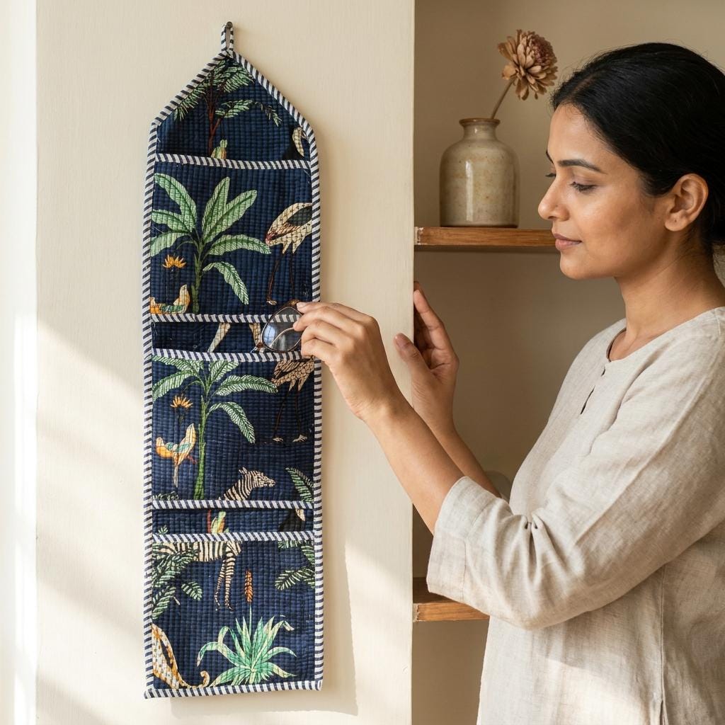 Safari Fabric Wall Hanging Organizer, Handcrafted Cotton Pocket Storage, Jungle Print Mail Holder