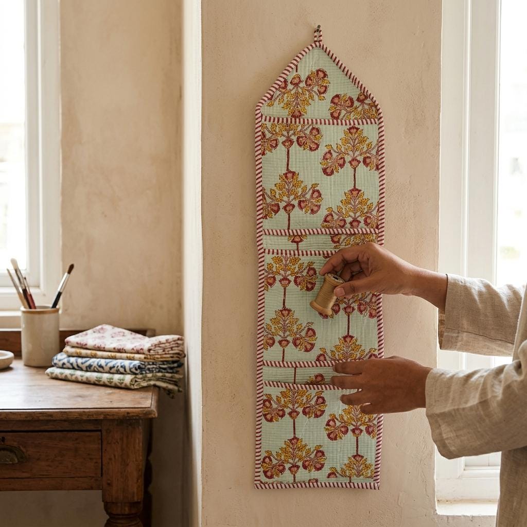 Floral Fabric Wall Hanging Organizer, Handcrafted Cotton Pocket Storage, Jaipur Block Print Holder