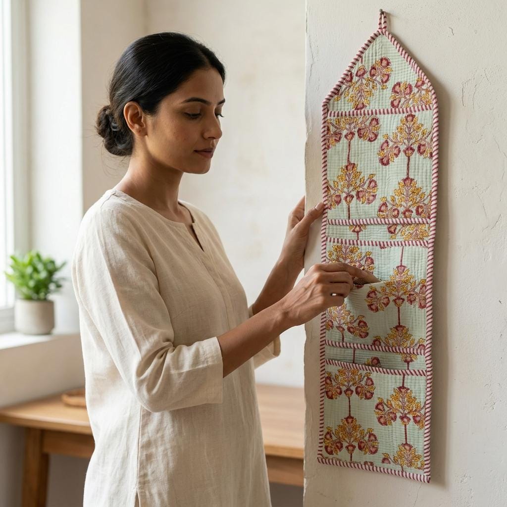 Floral Fabric Wall Hanging Organizer, Handcrafted Cotton Pocket Storage, Jaipur Block Print Holder