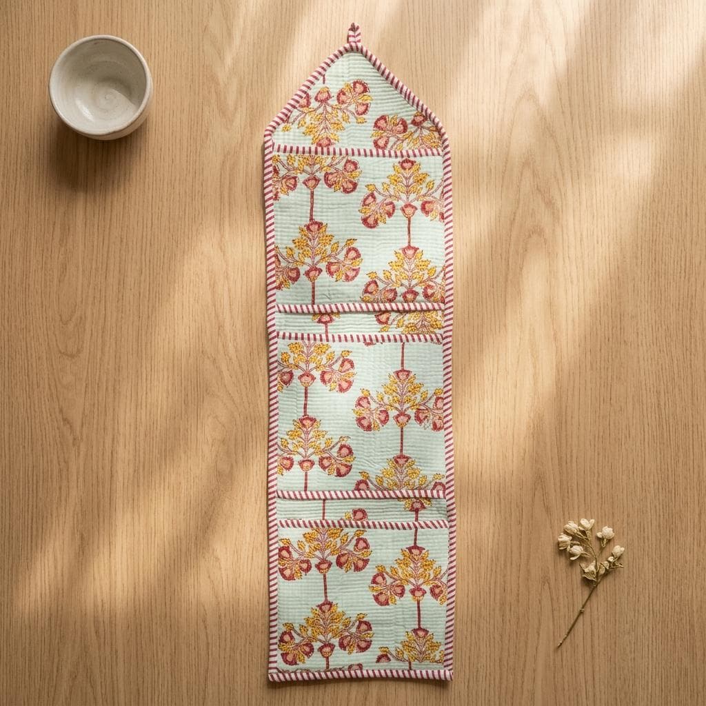 Floral Fabric Wall Hanging Organizer, Handcrafted Cotton Pocket Storage, Jaipur Block Print Holder
