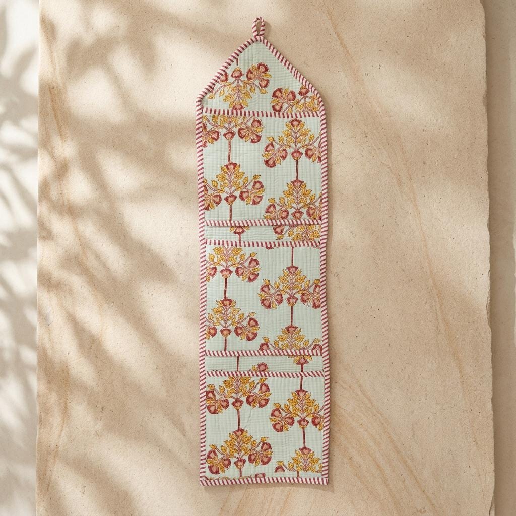 Floral Fabric Wall Hanging Organizer, Handcrafted Cotton Pocket Storage, Jaipur Block Print Holder
