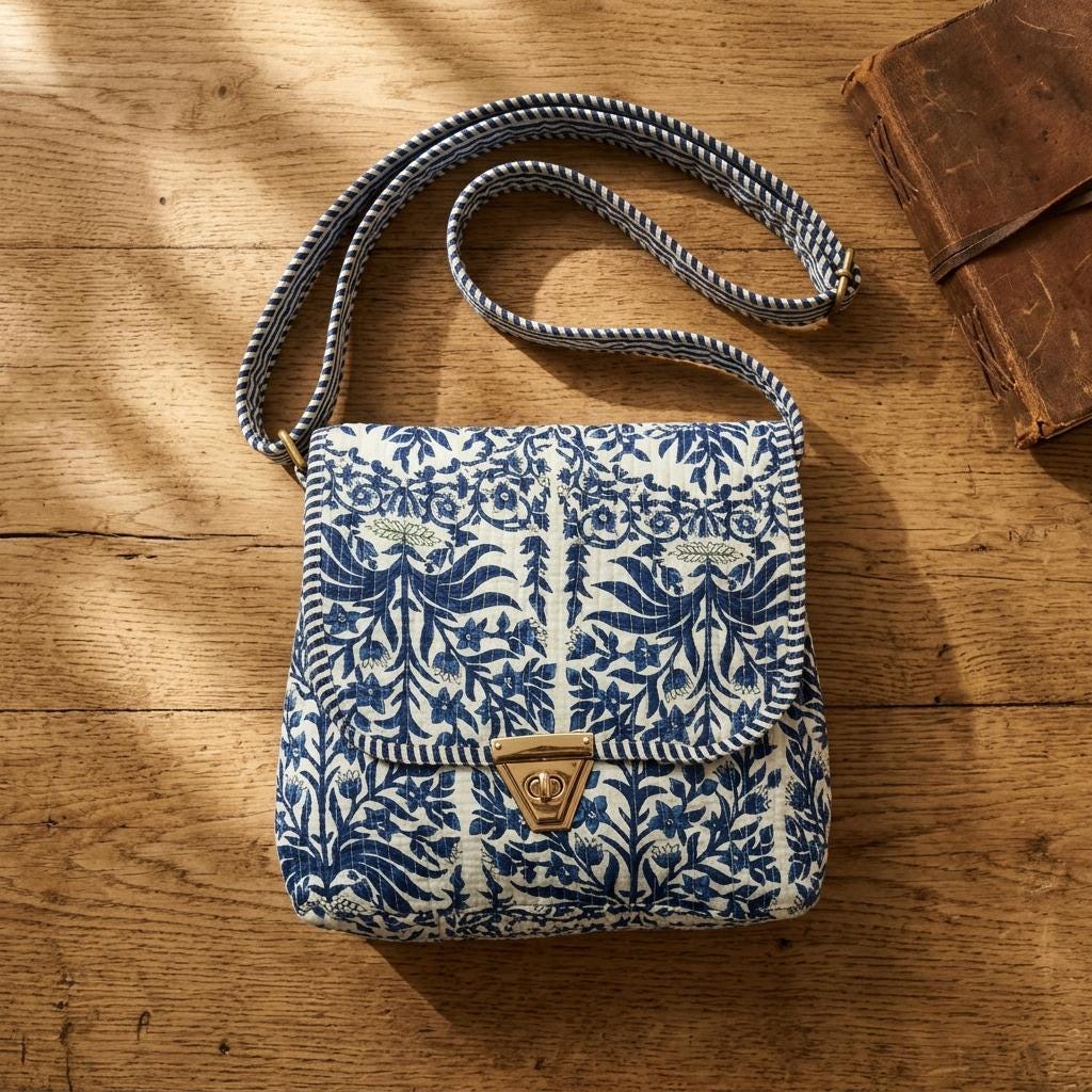 Blue Floral Quilted Crossbody Bag, Handcrafted Cotton Shoulder Purse, Block Print Travel Handbag
