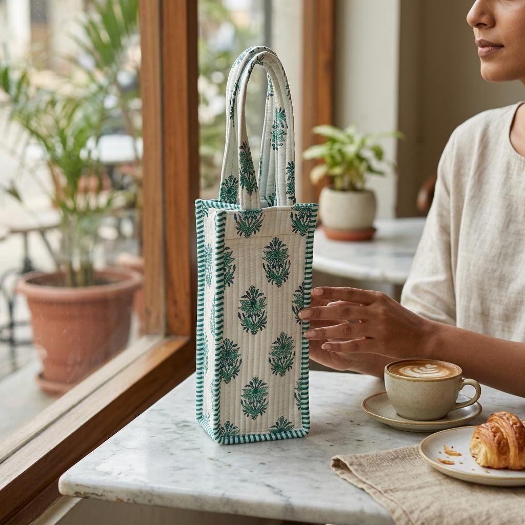 Green Floral Quilted Water Bottle Bag, Handcrafted Cotton Wine Holder, Travel Drink Carrier