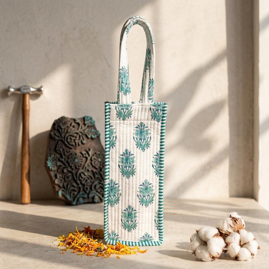 Green Floral Quilted Water Bottle Bag, Handcrafted Cotton Wine Holder, Travel Drink Carrier