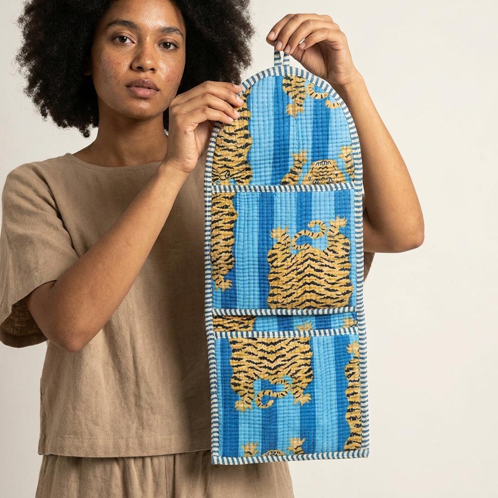 Tiger Print Fabric Wall Hanging Organizer, Handcrafted Cotton Pocket Storage, Blue Room Decor Holder