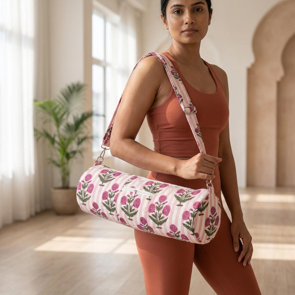 Quilted Cotton Pink Marigold Stripe Yoga Mat Bag Handcrafted Crossbody Carrier Women