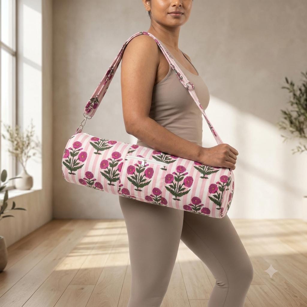 Quilted Cotton Pink Marigold Stripe Yoga Mat Bag Handcrafted Crossbody Carrier Women