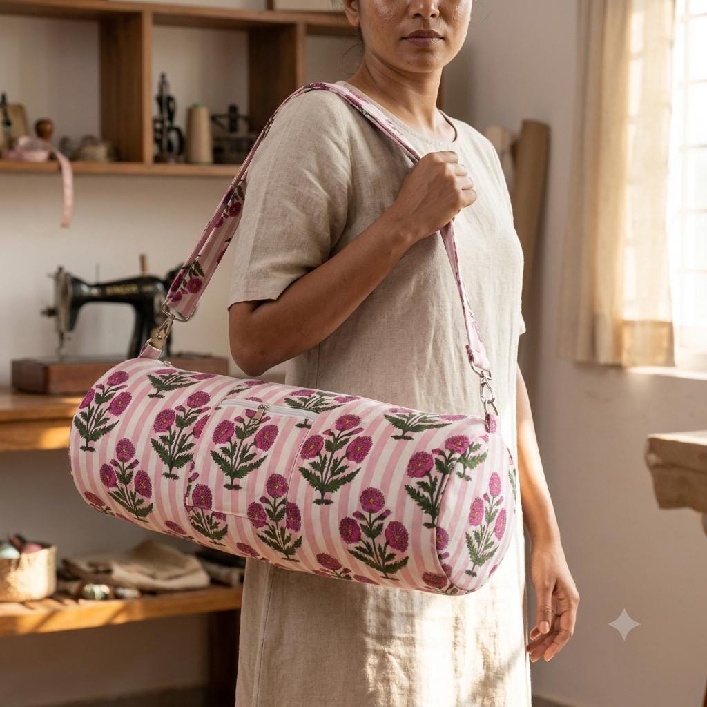 Quilted Cotton Pink Marigold Stripe Yoga Mat Bag Handcrafted Crossbody Carrier Women