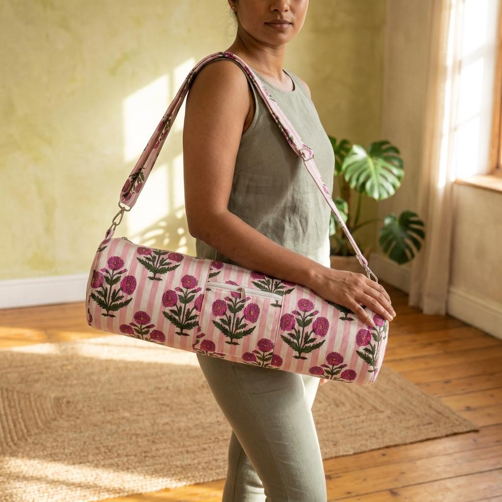 Quilted Cotton Pink Marigold Stripe Yoga Mat Bag Handcrafted Crossbody Carrier Women