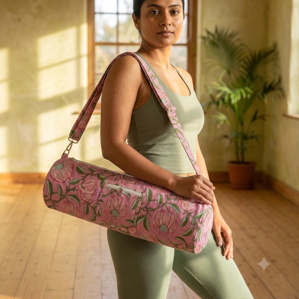 Quilted Cotton Pink Floral Poppy Yoga Mat Bag Handcrafted Crossbody Carrier Women