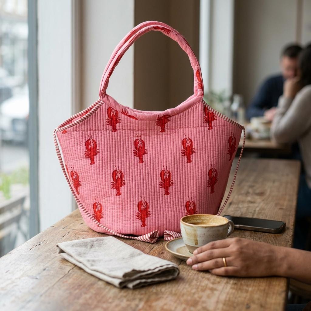 Pink Lobster Quilted Shoulder Tote Bag, Handcrafted Cotton Beach Purse, Coastal Pattern Handbag