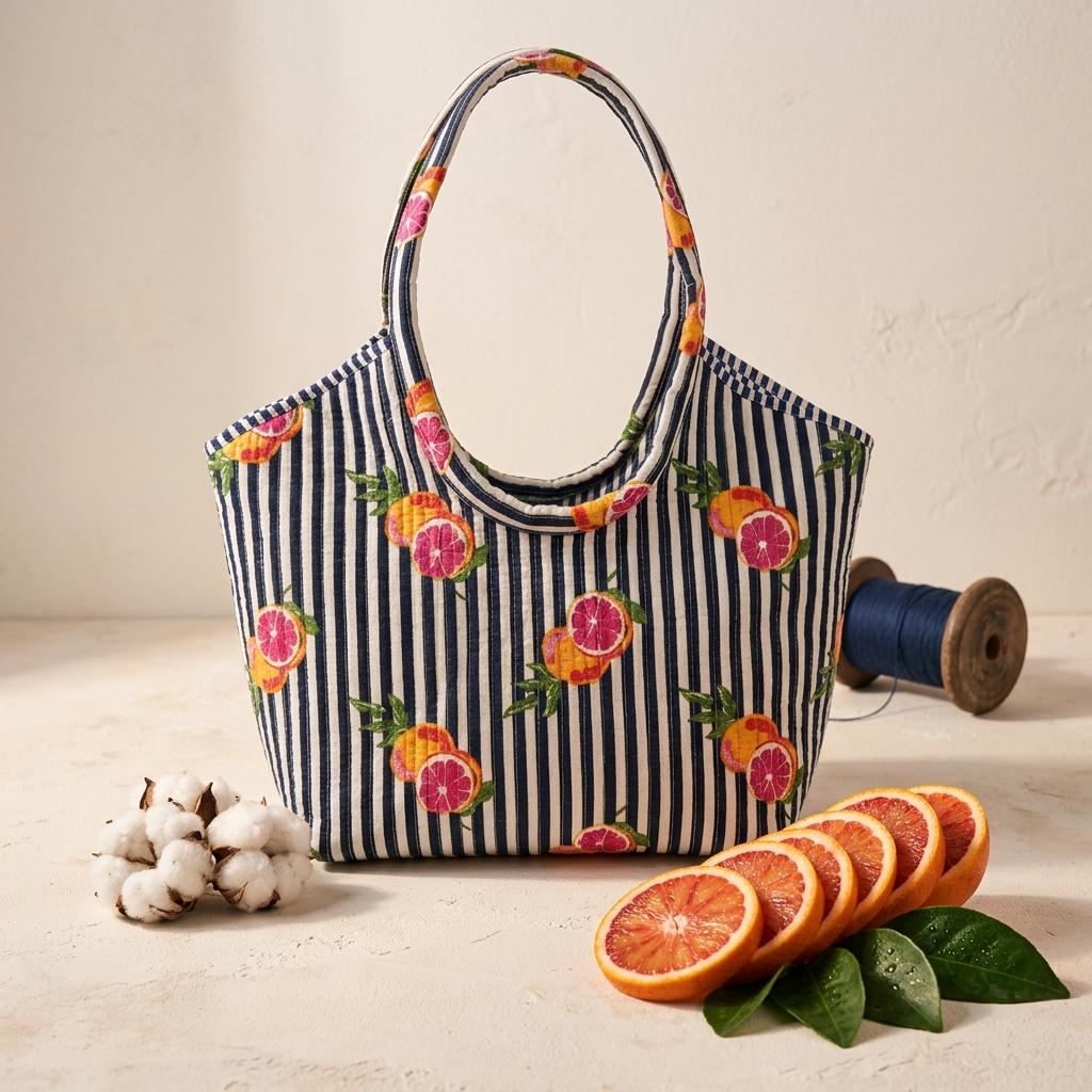 Citrus Print Quilted Shoulder Tote Bag, Handcrafted Cotton Market Purse, Striped Fruit Handbag
