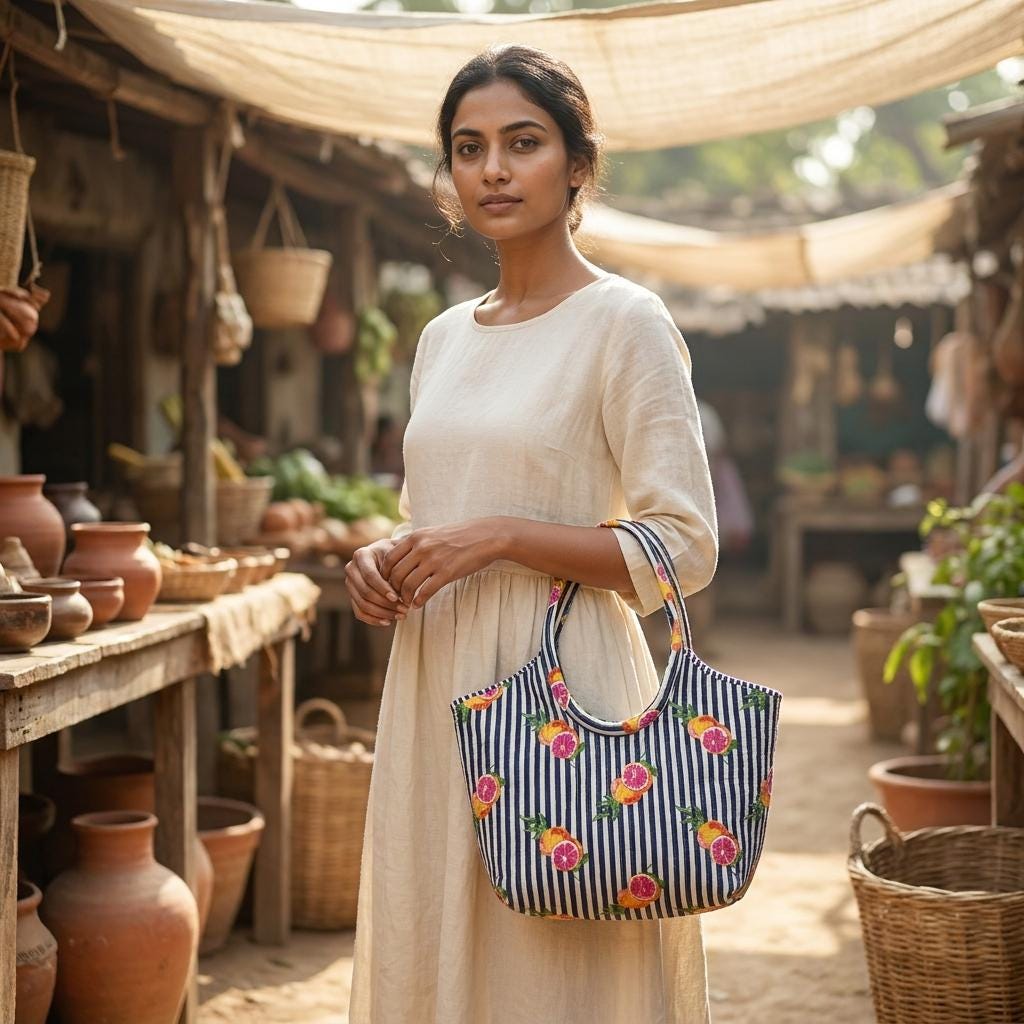 Citrus Print Quilted Shoulder Tote Bag, Handcrafted Cotton Market Purse, Striped Fruit Handbag