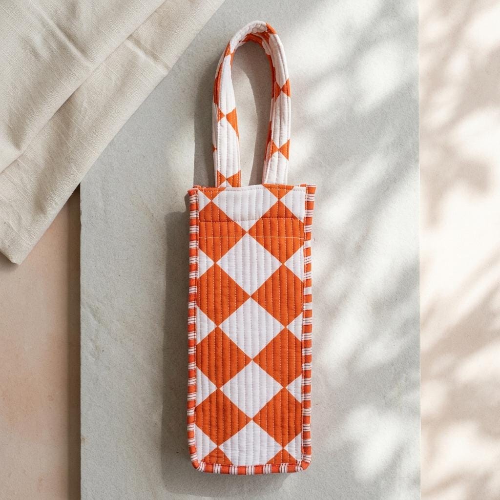 Orange Diamond Quilted Water Bottle Bag, Handcrafted Cotton Wine Holder, Geometric Drink Carrier