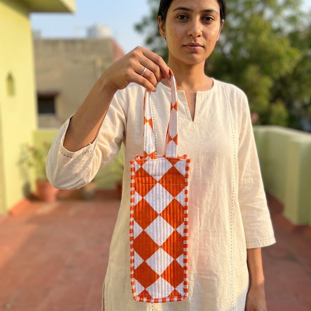 Orange Diamond Quilted Water Bottle Bag, Handcrafted Cotton Wine Holder, Geometric Drink Carrier