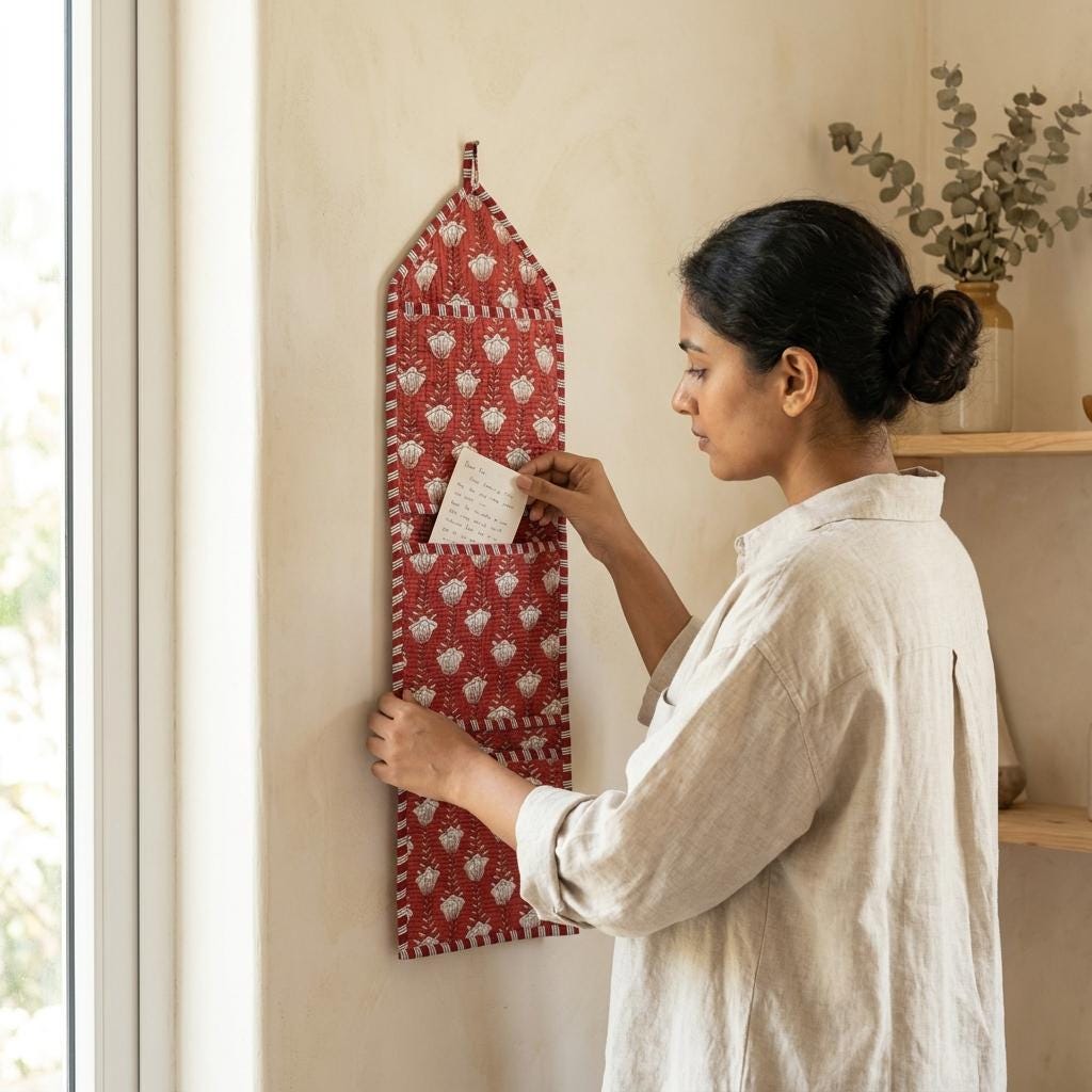 Red Floral Quilted Cotton Hanging Wall Organizer, Handcrafted Multi Pocket Fabric Jewelry Hanger