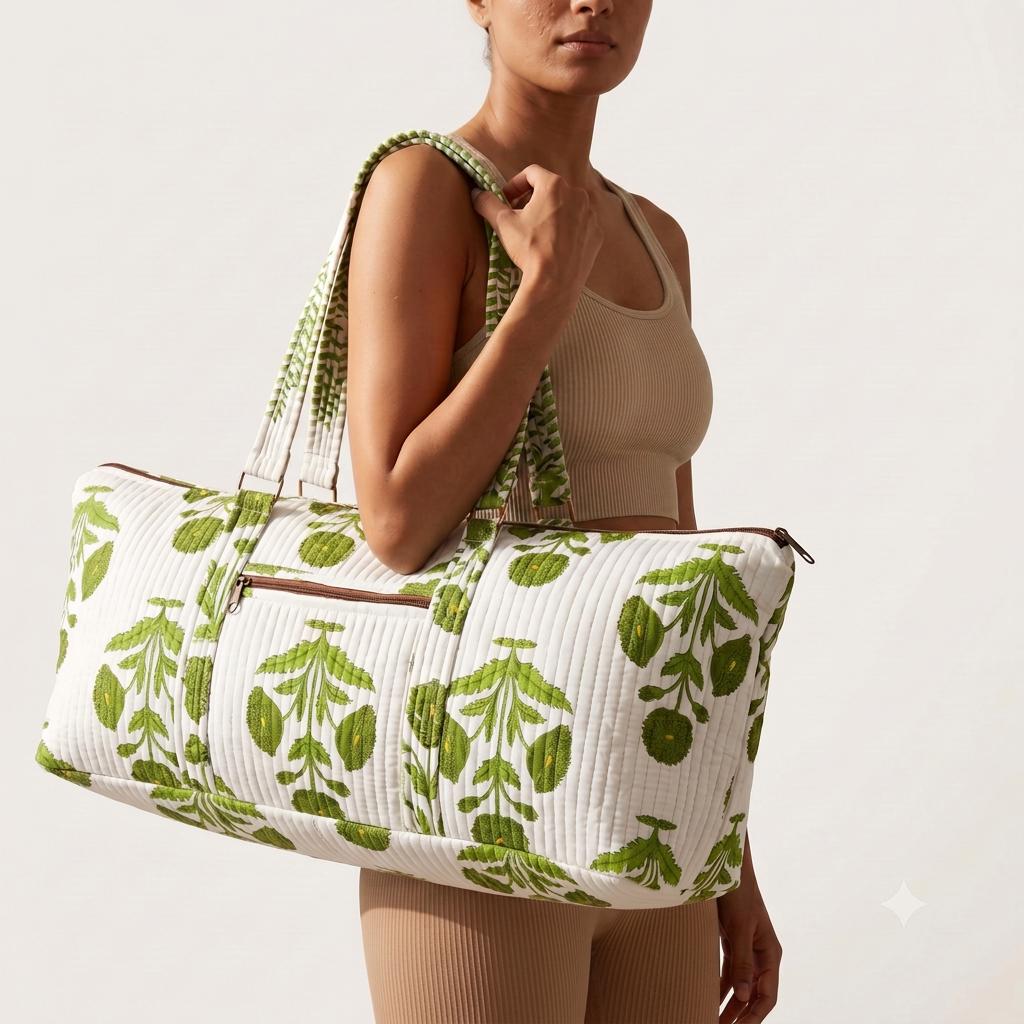 Green Marigold Quilted Cotton Yoga Mat Bag, Handcrafted Shoulder Carrier, White Floral Fitness Tote