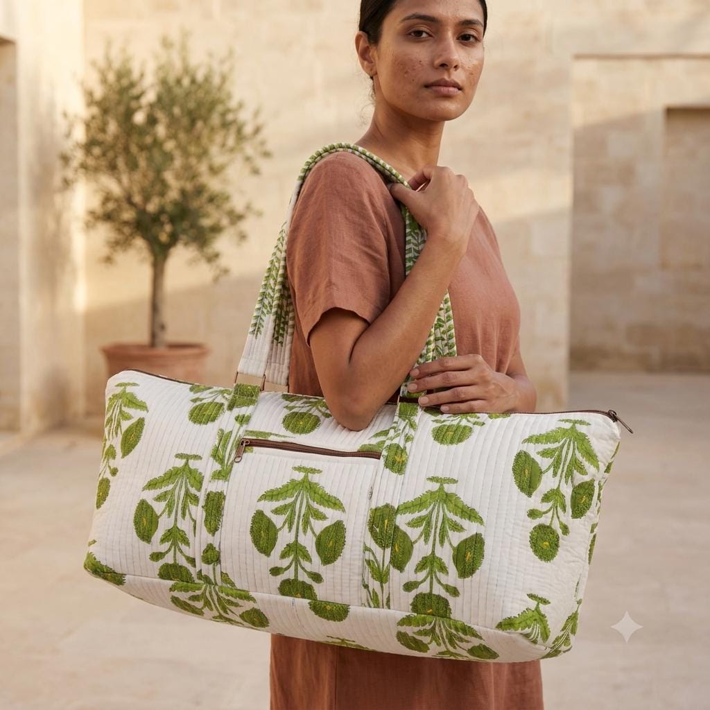 Green Marigold Quilted Cotton Yoga Mat Bag, Handcrafted Shoulder Carrier, White Floral Fitness Tote